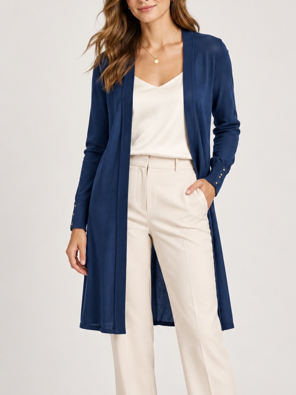 White House Black Market Navy Longline Duster Cardigan Rayon Office Minimalist